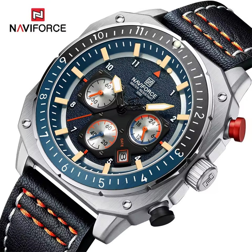 NAVIFORCE Men Watches Military Chronograph Square Watch Leather Date Wristwatch