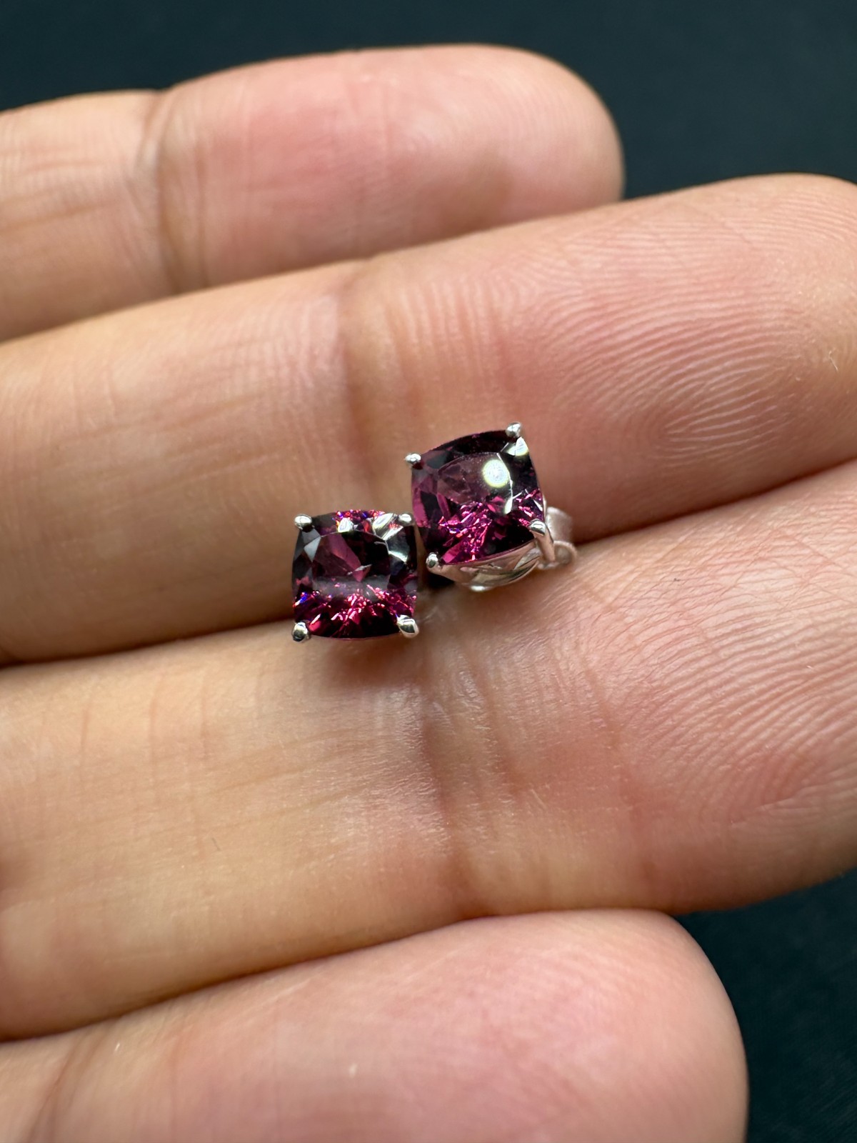 Pink Rhodolite Stud Earrings in Sterling Silver | 5.00mm Cushion Cut, 1.50 cts