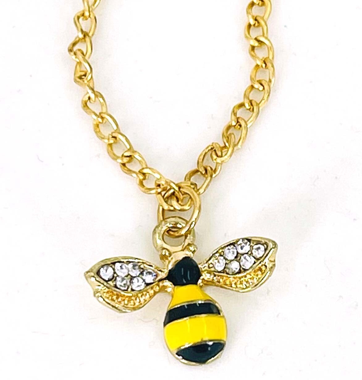 Honey Bee Charm Necklace, Gold Tone Chain Enamel Clear Rhinestone Insect Jewelry