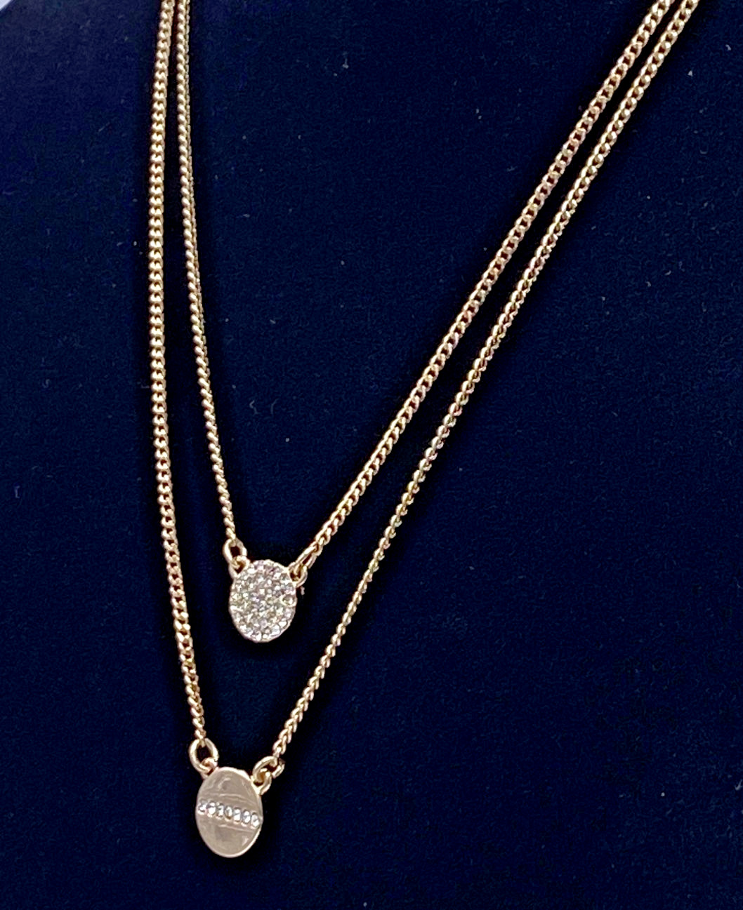DKNY Gold Tone Crystal Pave Pendant Two Row Necklace 16″ + 3″ ext. NWT Gift Box