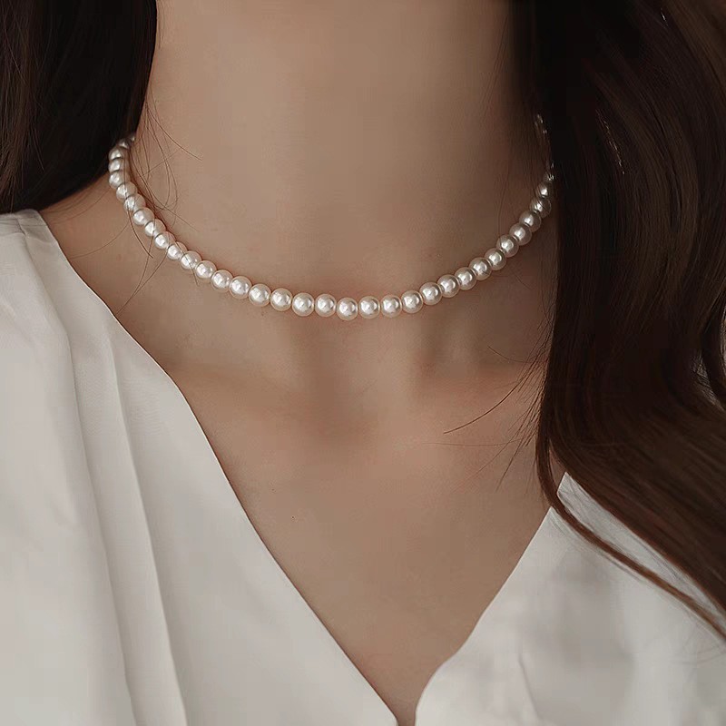 6 mm White Pearls Chain Choker Necklace Lobster Clasp Adjustable