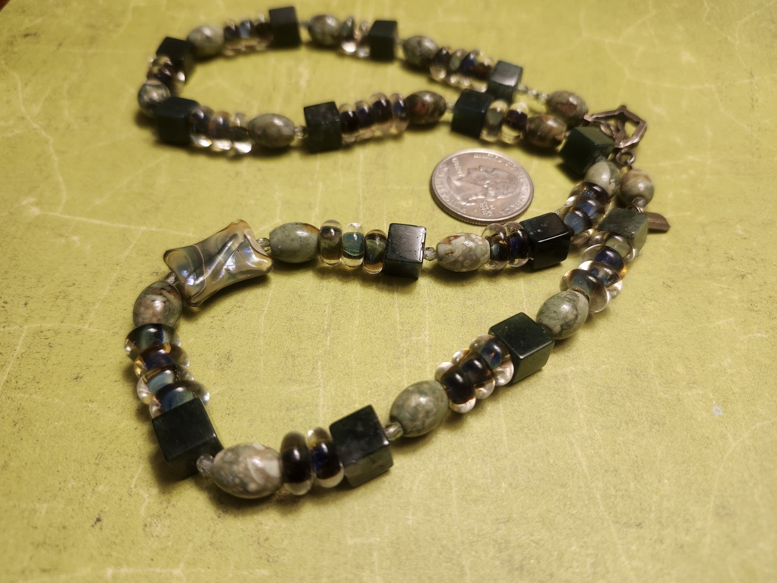 Handcrafted Artisan Jasper Agate Beaded Necklace Cube Earth Tone Boho