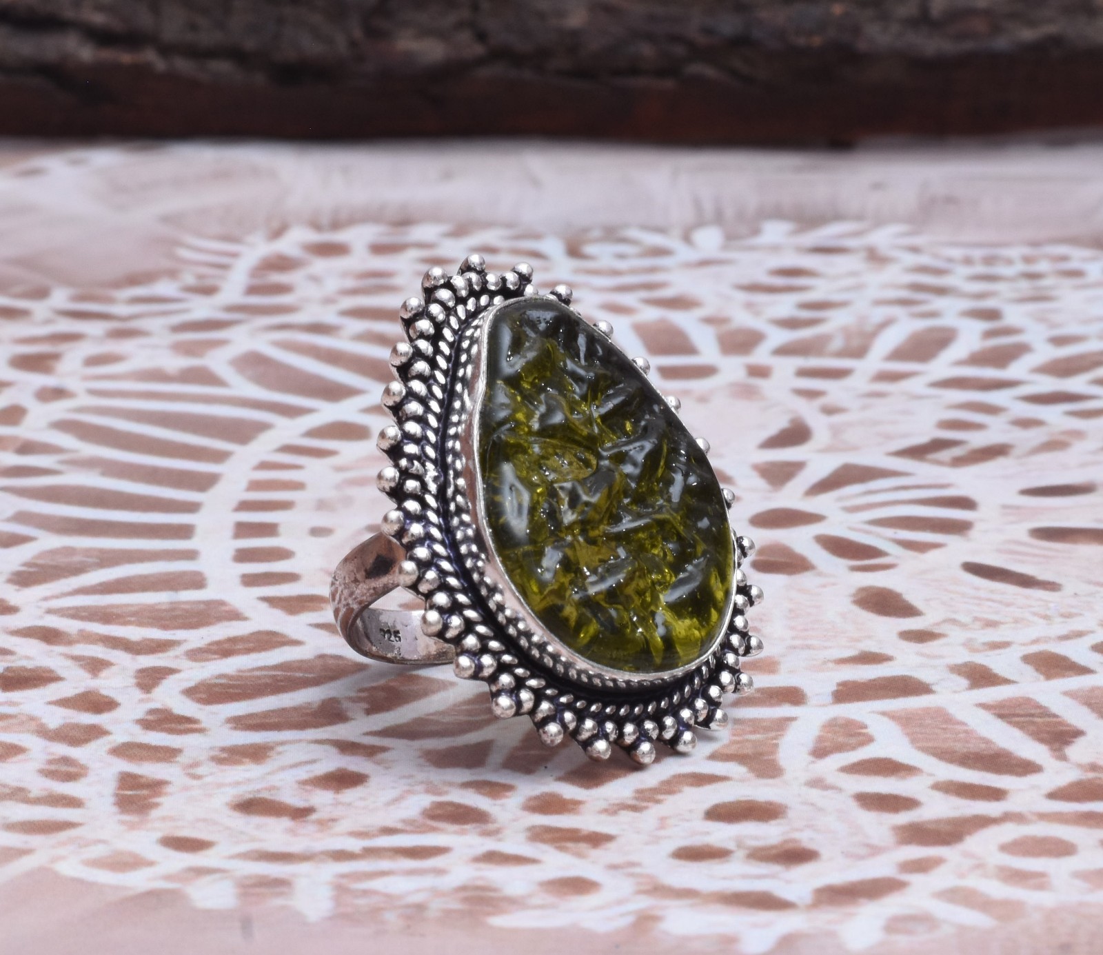 Pleasing Moldavite Gemstone 925 Sterling Silver Handmade Ring U-50