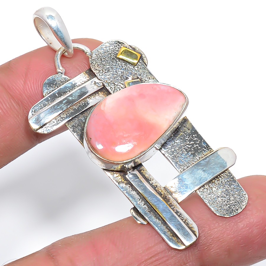 Rhodochrosite Textured Handmade Silver Plated Pendant 2.3″ T47