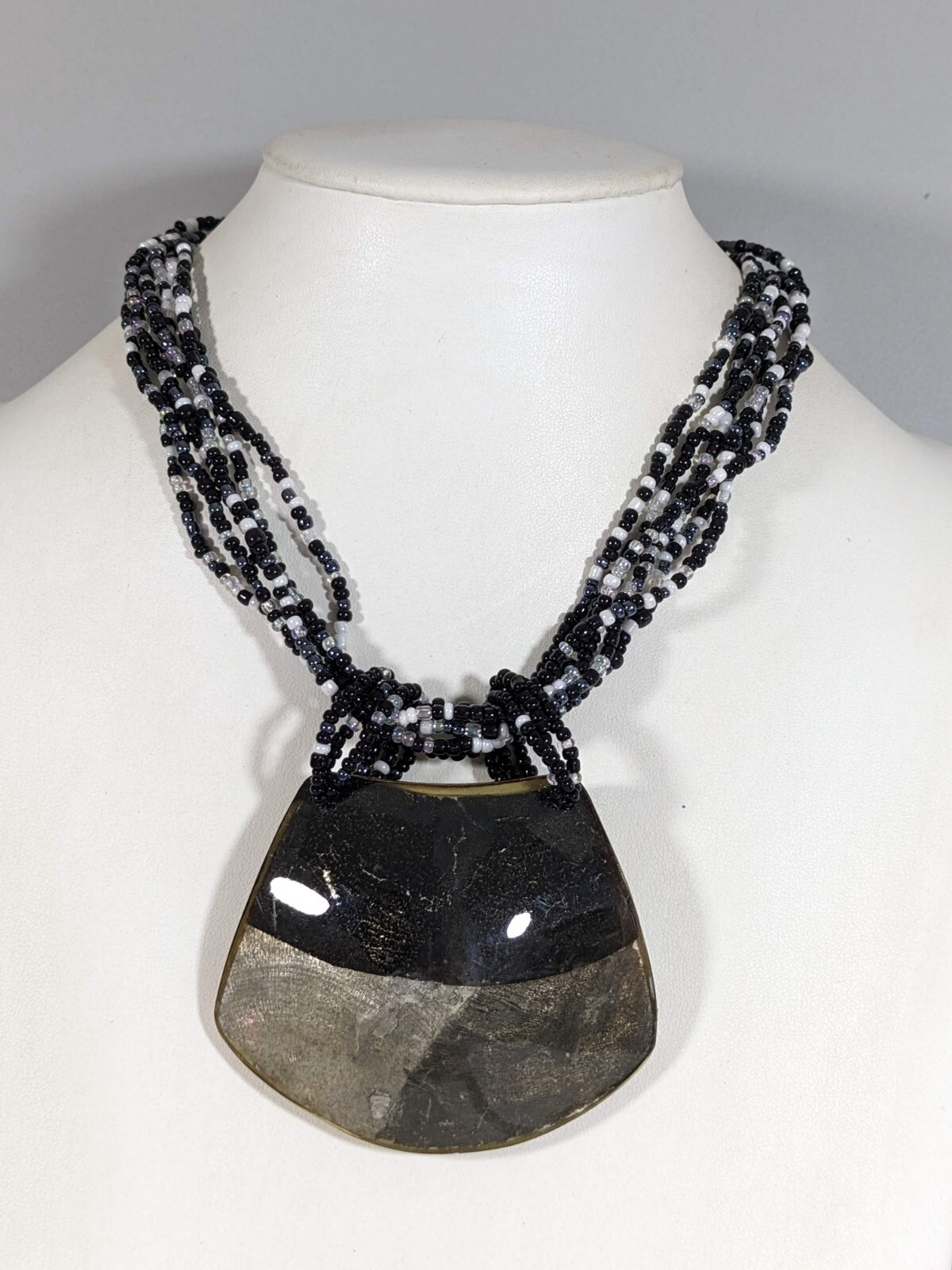 Black Gray White Glass Seed Bead Acrylic Curved Dome Pendant Necklace 20 inch