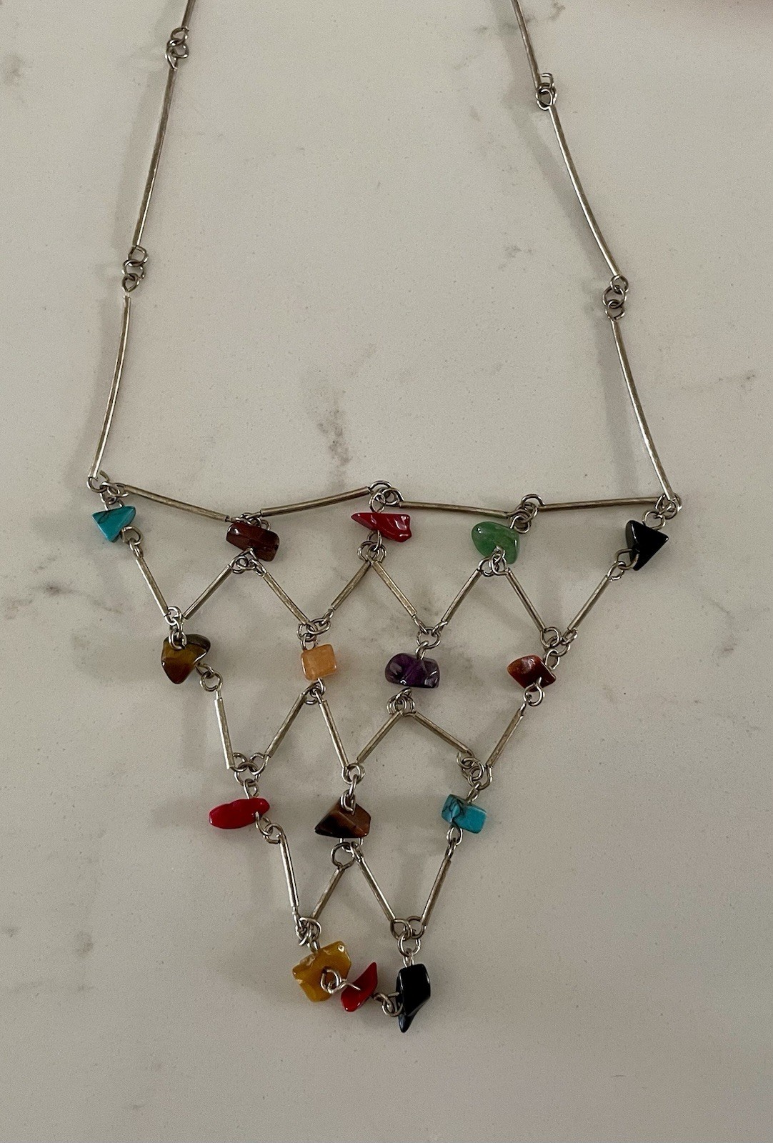 Silver Tubes & 15 Gem Stones Necklace Unique NEW on Card Boho Fun Fashion Nature