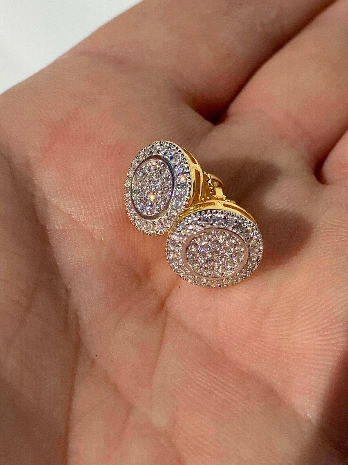 Real 925 Silver Iced Moissanite Hip Hop Men’s Earrings Big Studs 14k Gold Plated