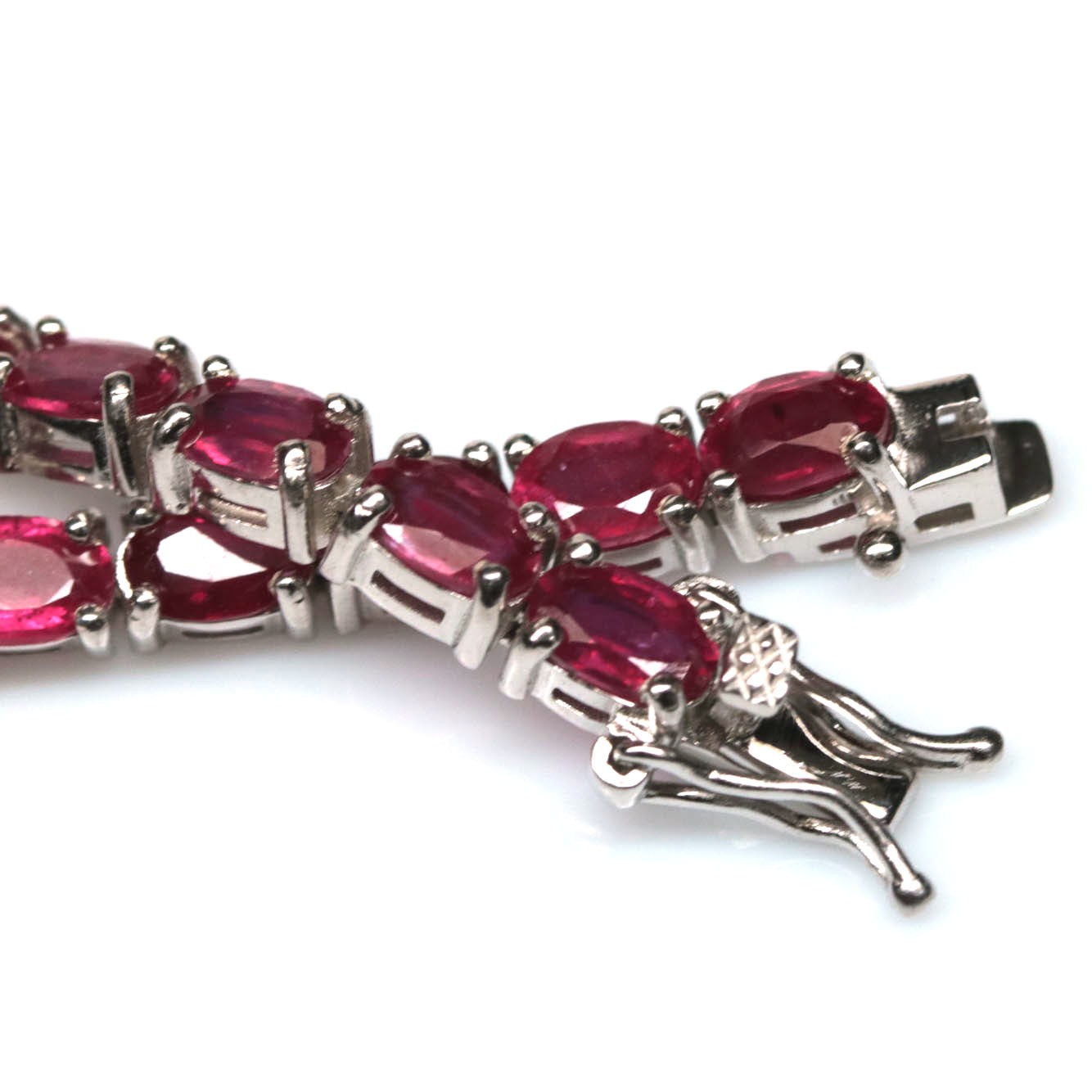 925 Sterling Silver Red Ruby Bracelet 7.25 in White Gold Plated