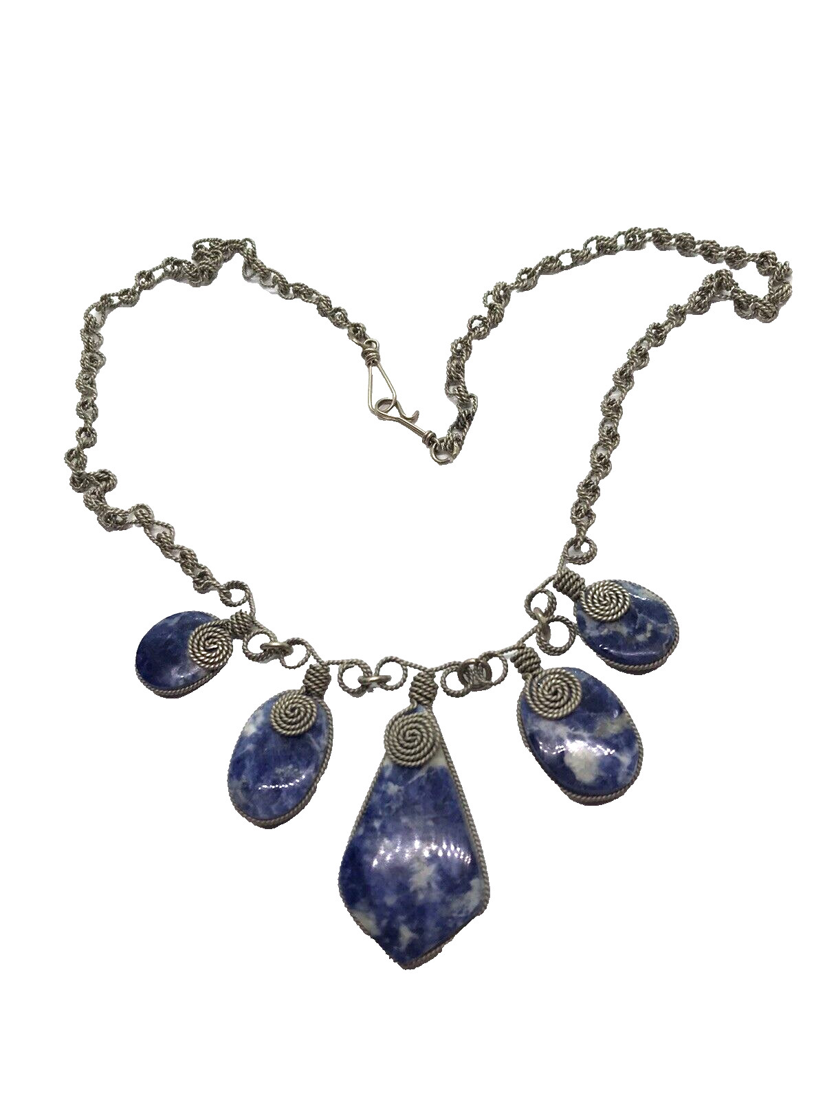 Vintage necklace artisan wire wrapped blue sodalite charms boho twisted metal