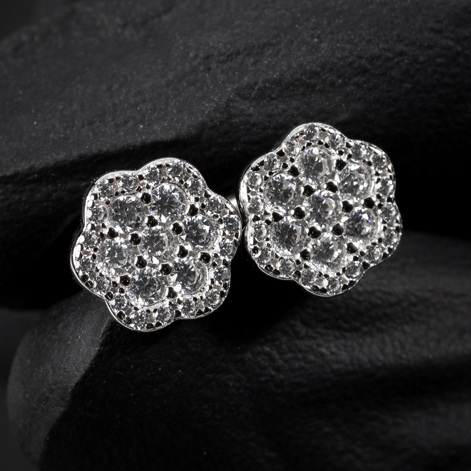 White Gold Plated Men’s Sterling Silver Iced Flower Cluster Stud Earrings