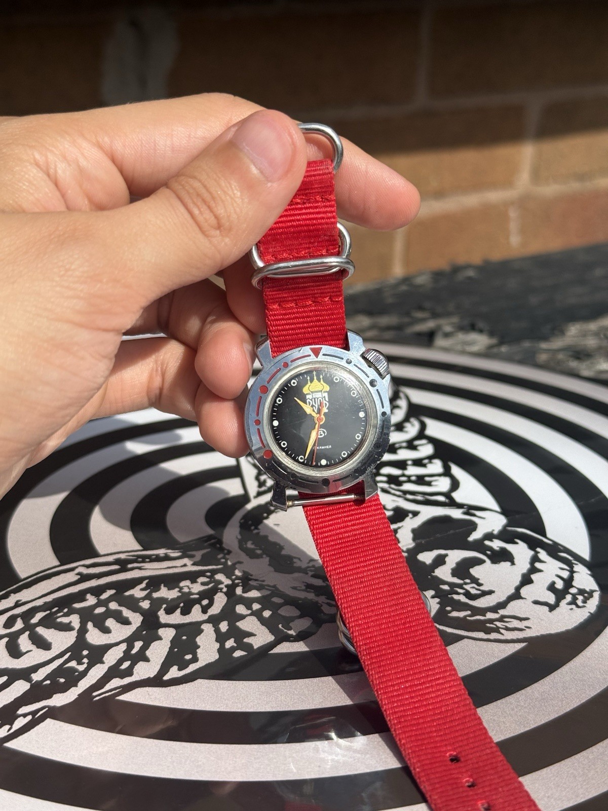 ⁠Vintage Vostok Rus Russian Soviet Era Mechanical Watch Red NATO Strap⁠