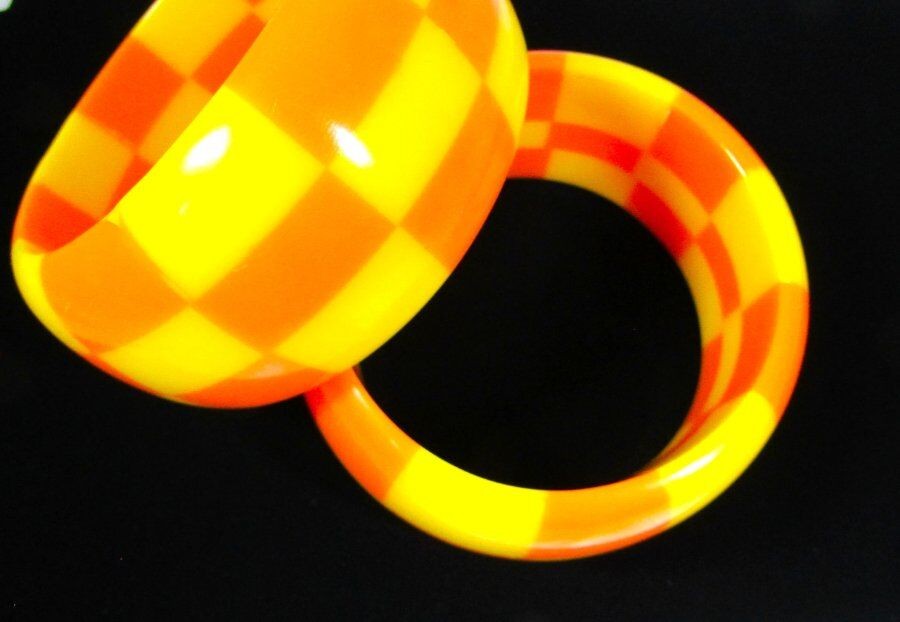 Lot of 2 Chunky Checker Board Checkered Orange Yellow Bangle Bracelets