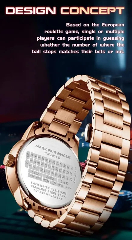 MARK FAIRWHALE Stainless Steel Roulette Dial Rotatable Luminous Quartz Watch