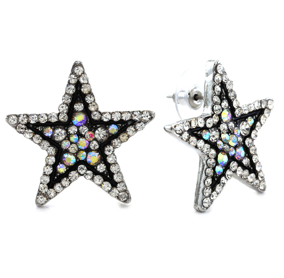White Clear Star Stud Post Earrings Black Outline Silver Tone Crystal Jewelry