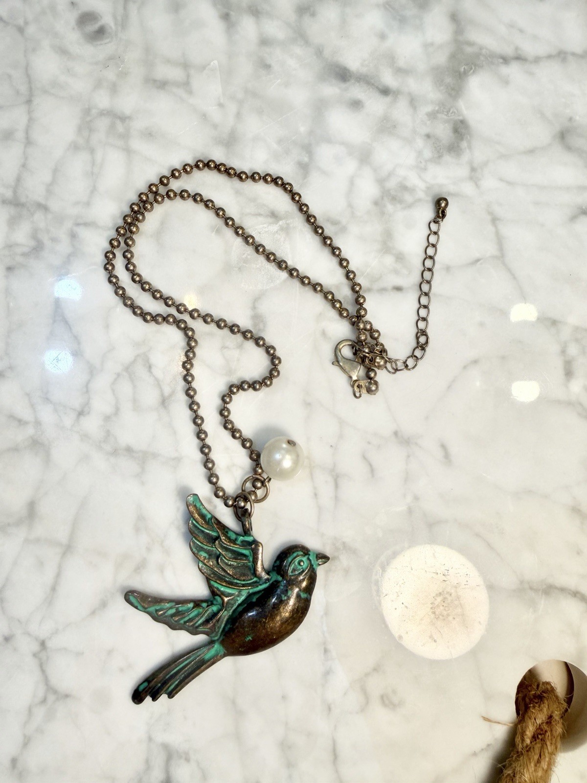 Antique style Hummingbird necklace Turquoise patina Bronze + lg Pearl Statement