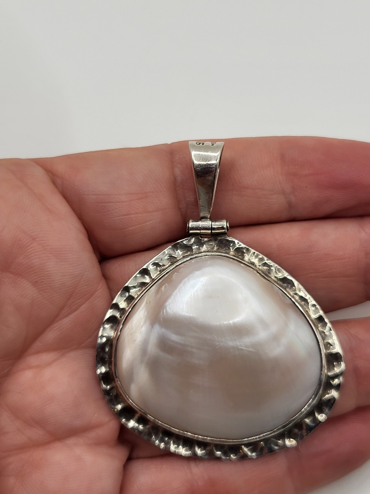 Large Hammered Sterling Frame MOP Irredescent Shell Pendant Closed Back Mexico