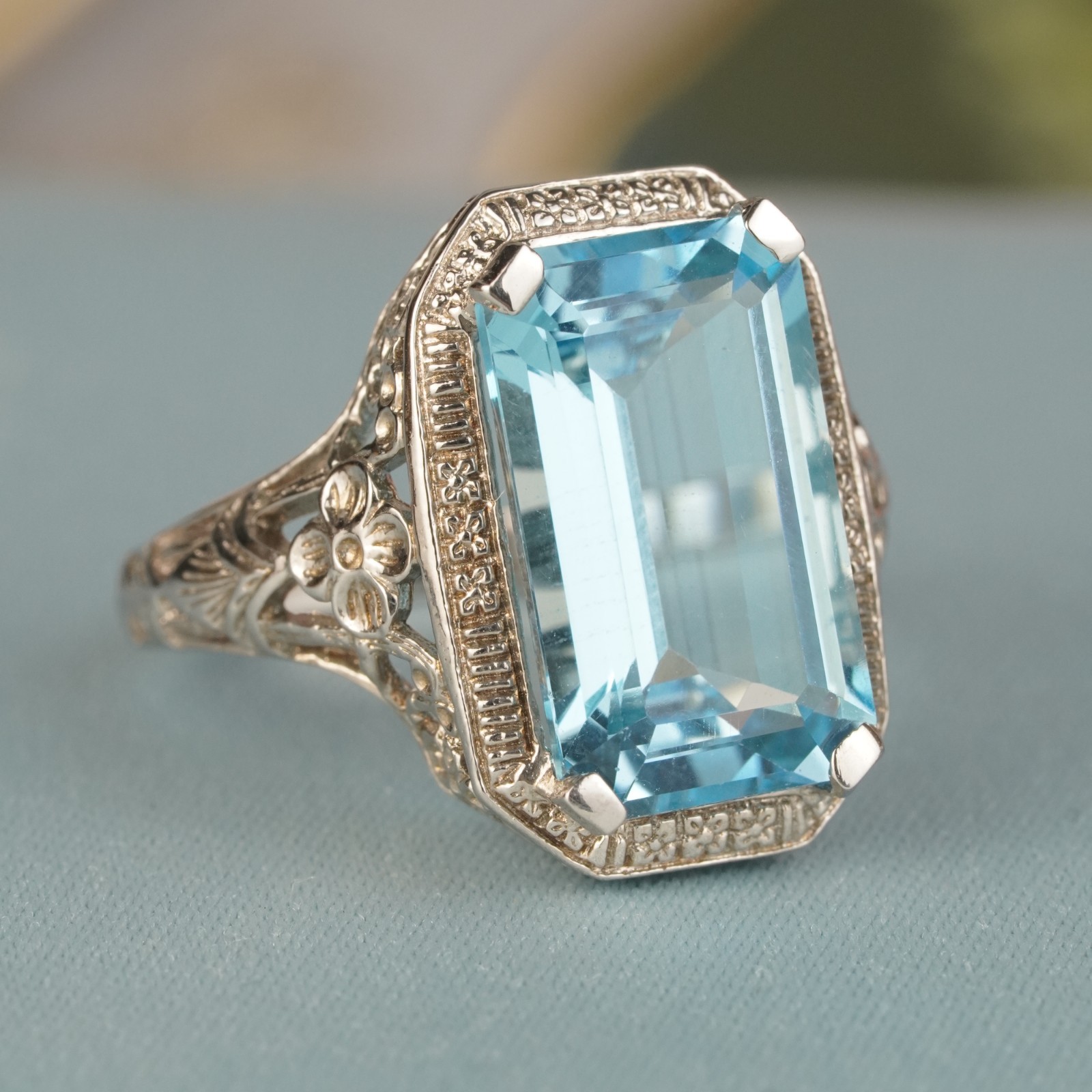 Silver925 Natural Blue Topaz Vintage Style Filigree Ring