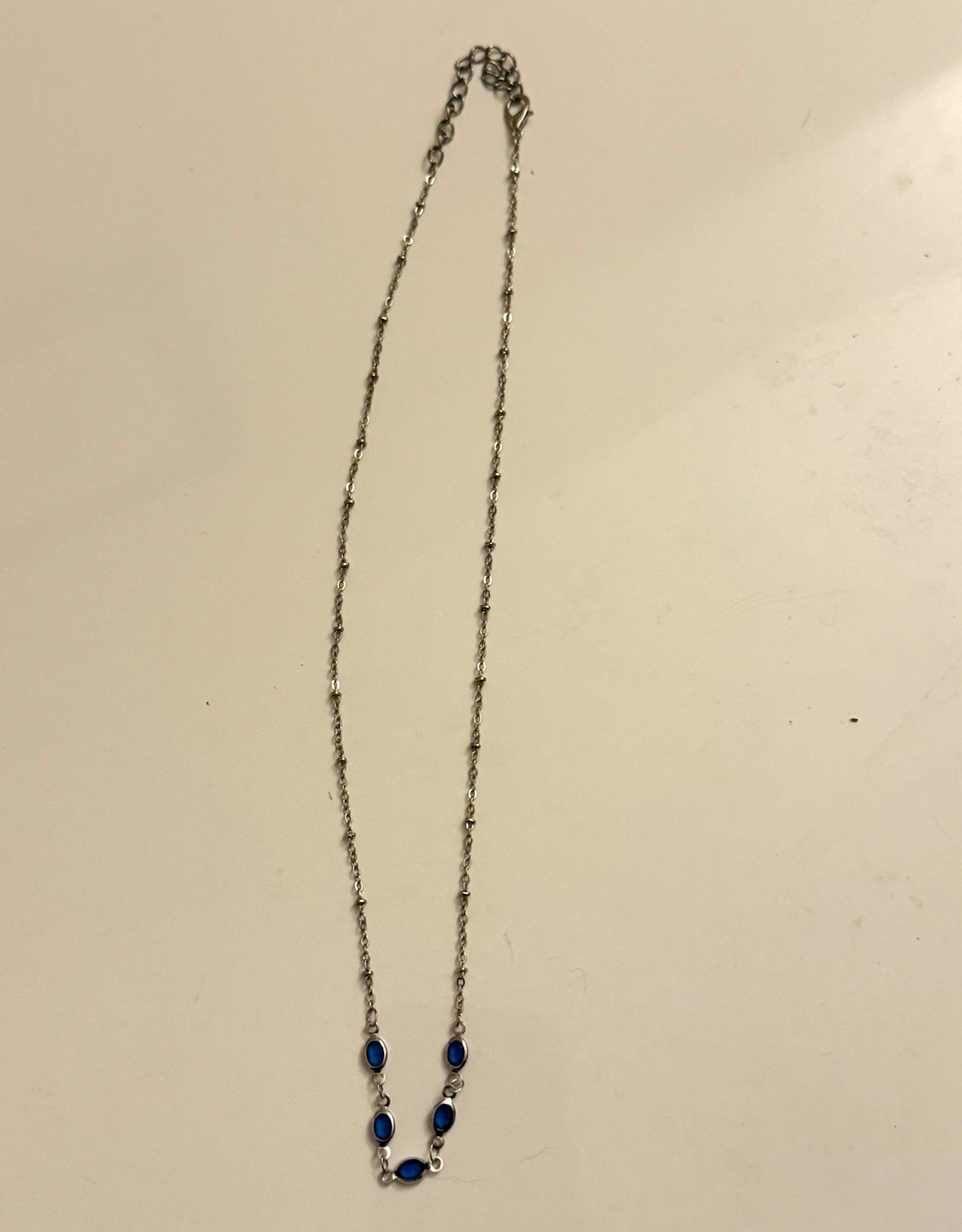 Silver Tone Ball/Bead Chain Necklace with Blue Round Beads & Round Charm Pendant