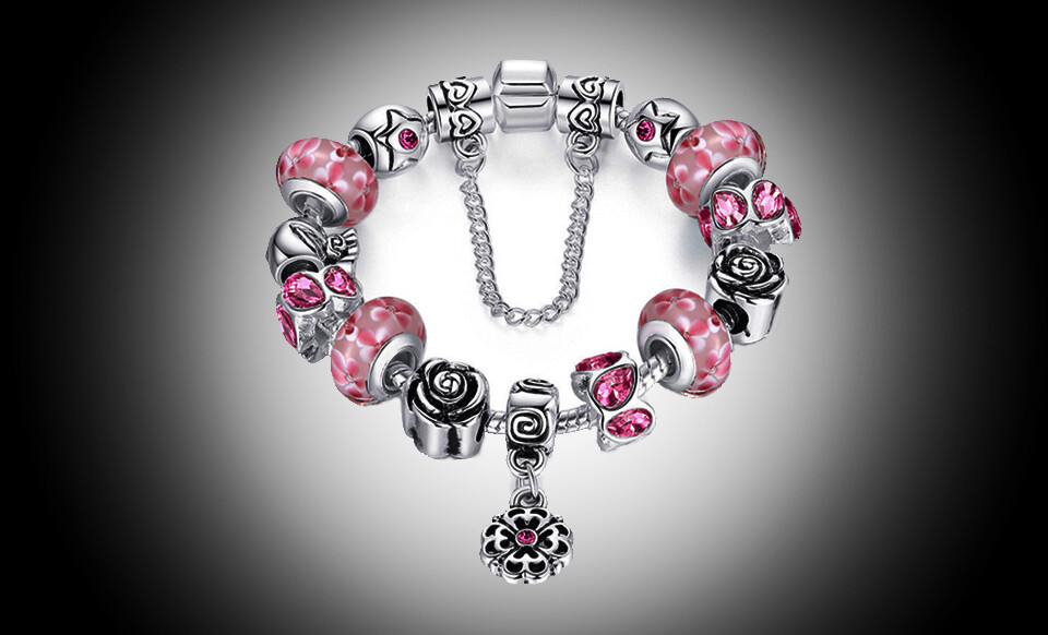 18K White Gold Plated Pink Flower Crystal CZ Charm Bracelet Made with Swarovski