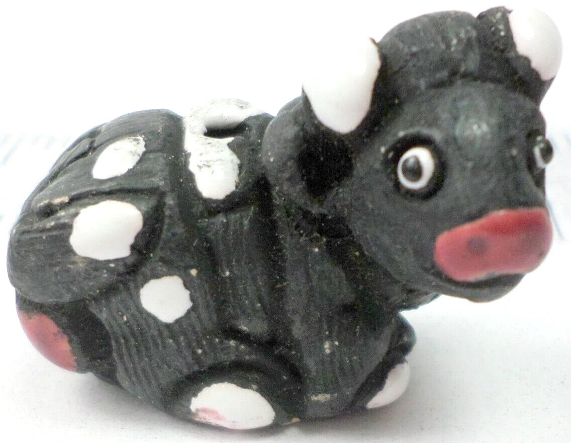 5 Vintage Ceramic Peru White Spotted Black Cow Animal Beads /Charms 26x26x18mm