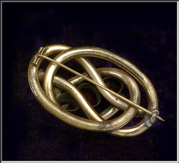 Antique Victorian Love Knot Gold Filled 3 Lg Ruby Glass Brooch