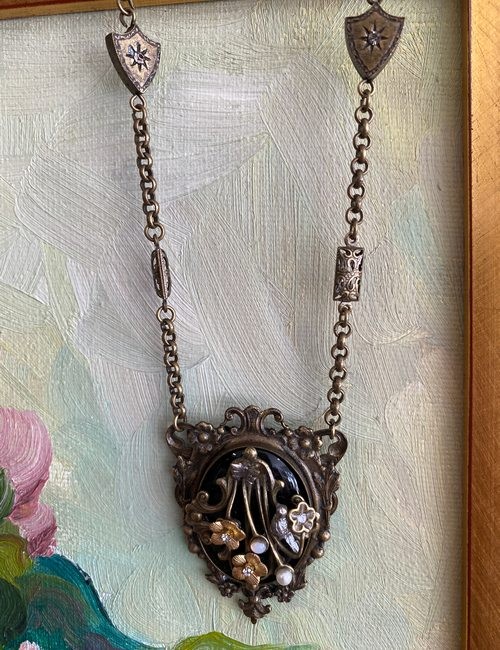 Sweet Romance Necklace Victoria Brass Black Floral Beads Crystal