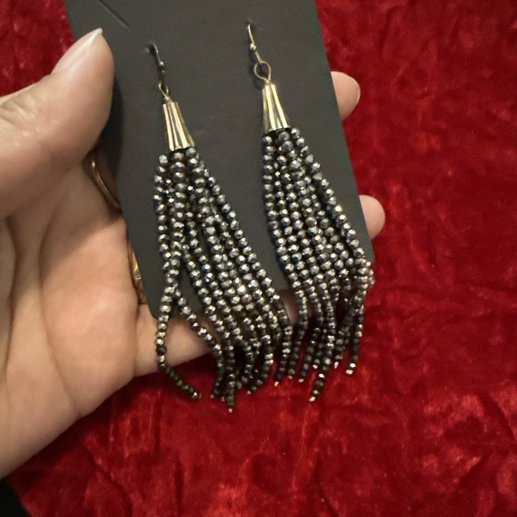 Black Silver Glass Beaded Tassel Dangle Drop Hook Earrings, Bohemian, No Stone