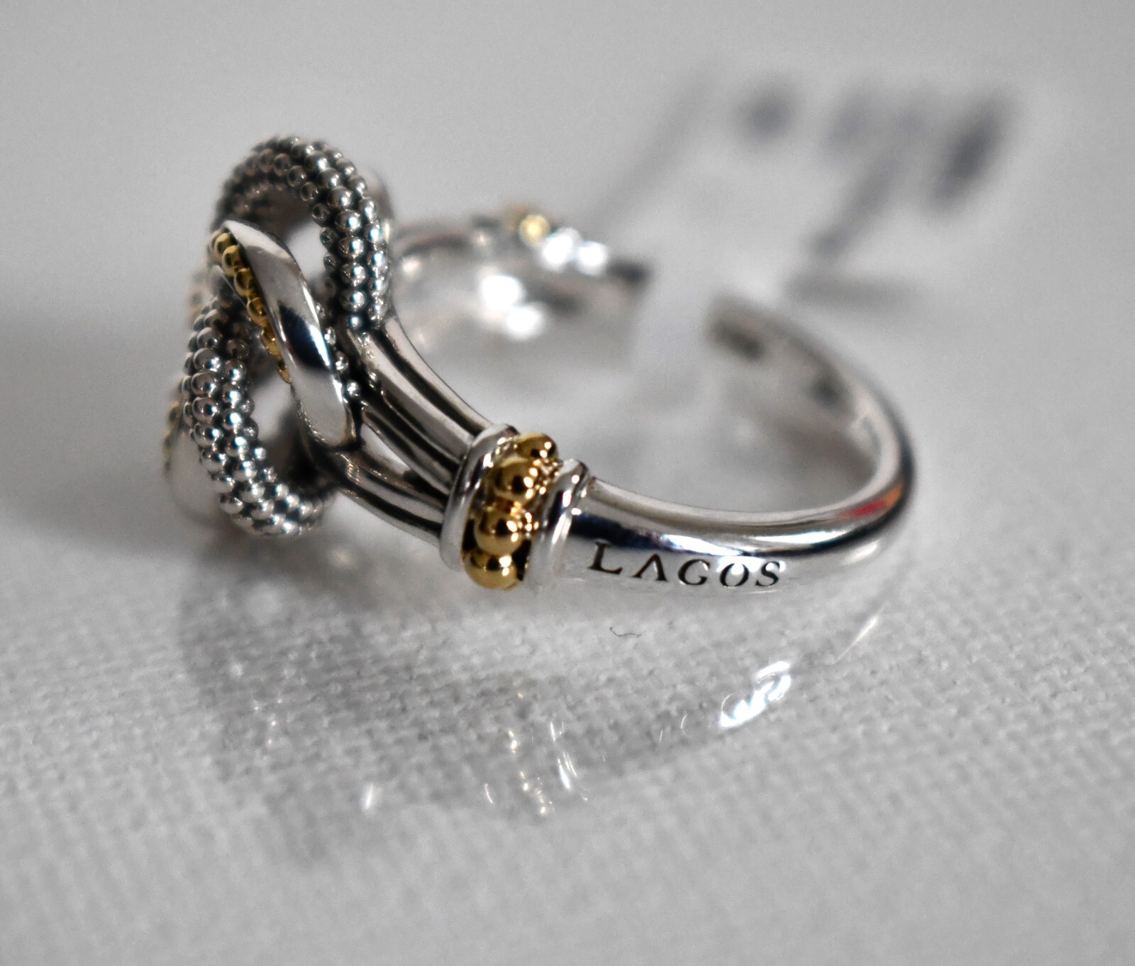 NEW LAGOS LOVE KNOT 925 STERLING SILVER & 18K GOLD Two-Tone LOVE KNOT Ring 7