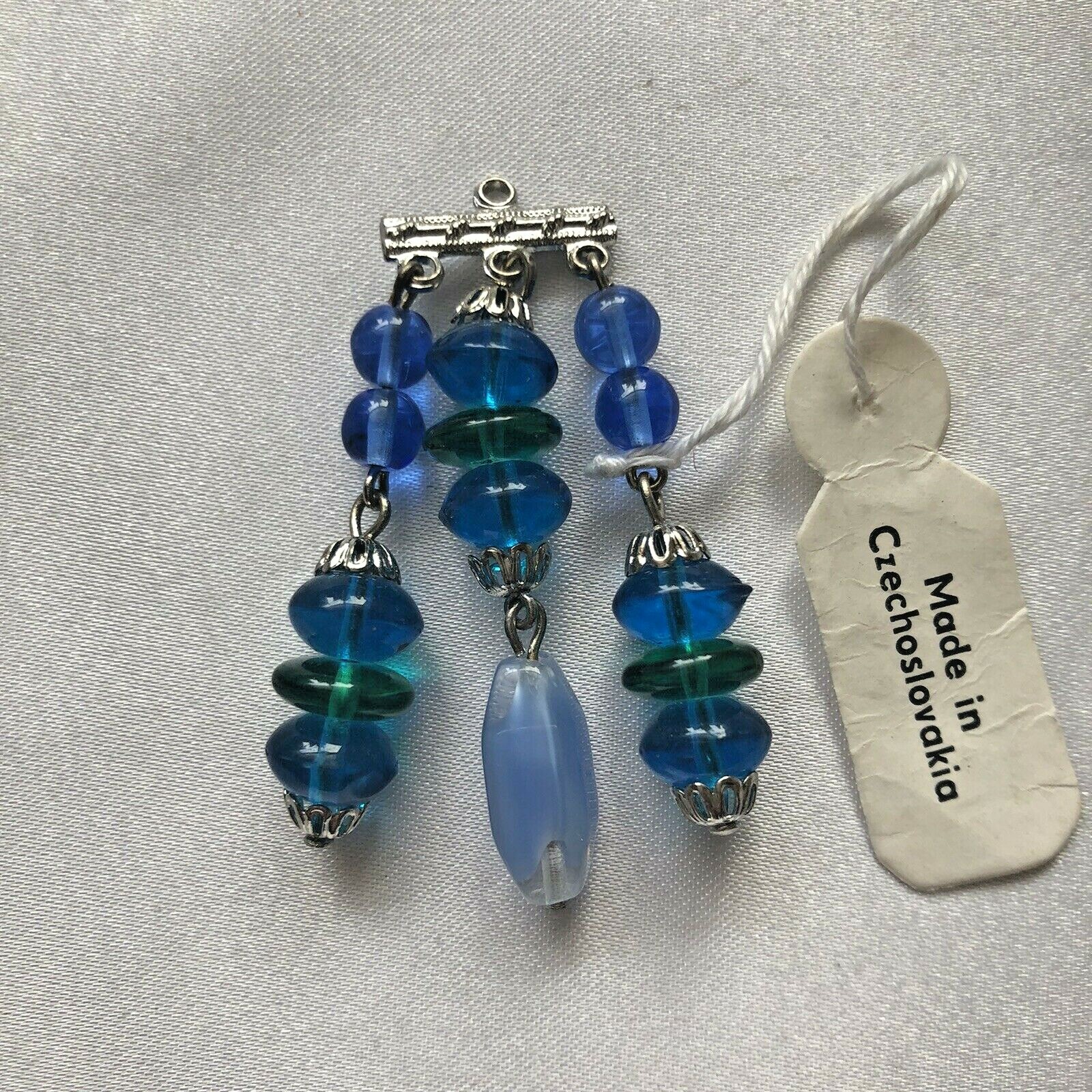 Vintage Czech Glass 14 Bead Tassel Pendant Blue Finished Dangle Silver Bead Caps
