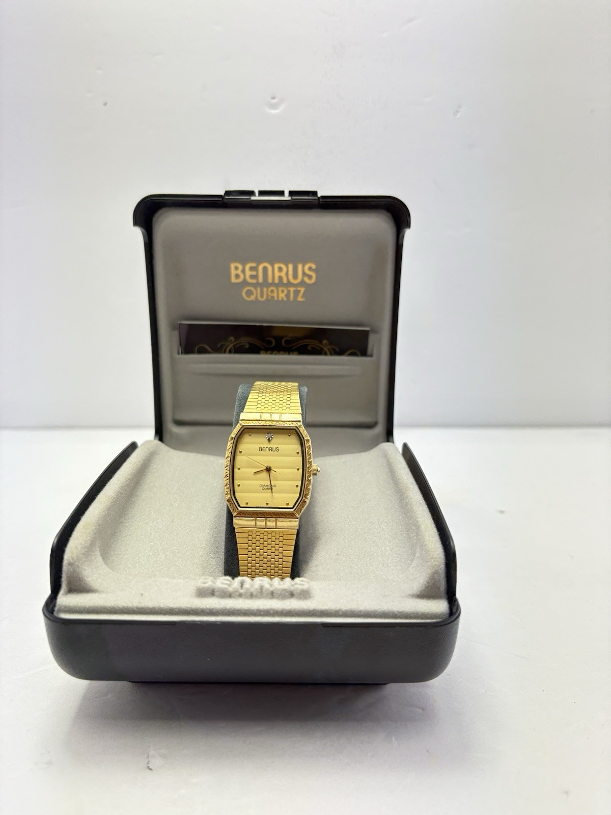 Vintage Benrus Diamond Quartz Gold Tone Watch Japan Movt w/ Box & Manual Runs