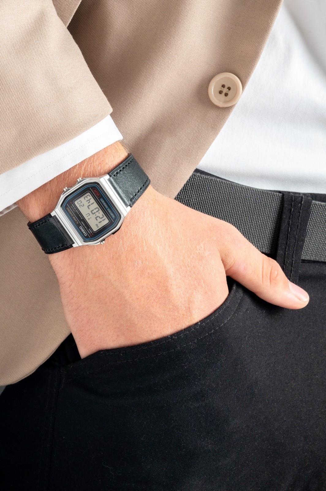 Casio A158 Digital Watch on Black Vario Leather Strap | Dressy Digital Watch