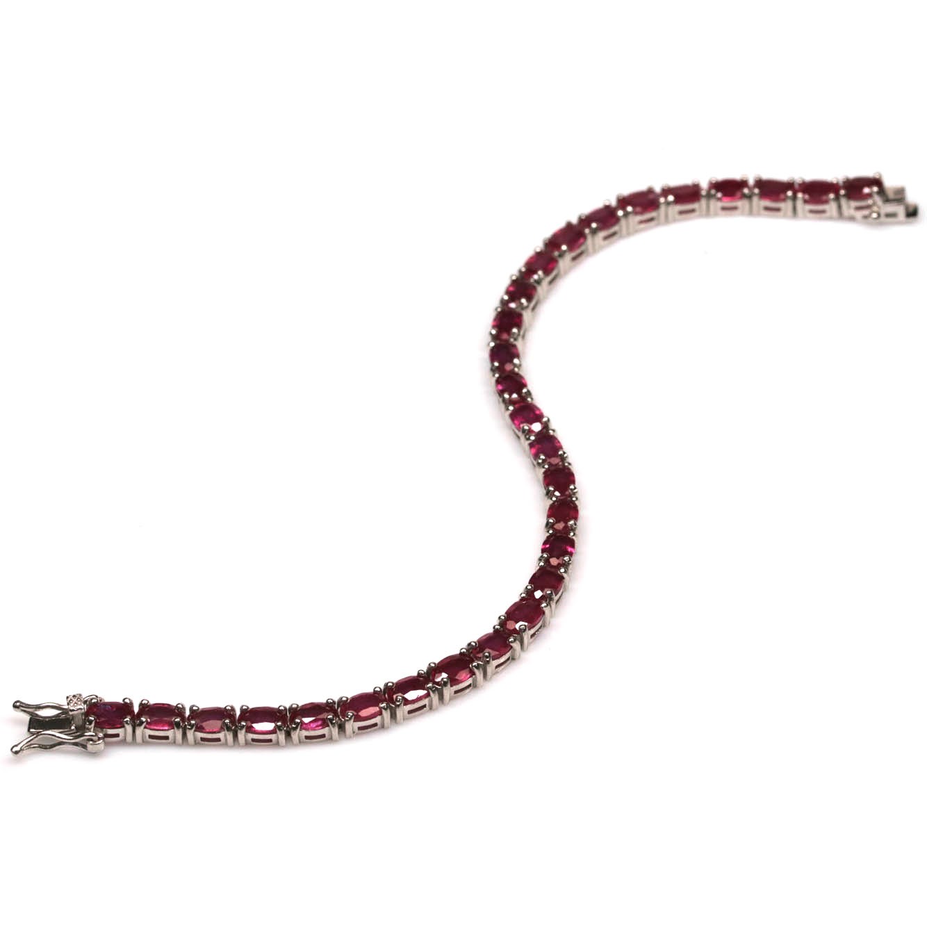 925 Sterling Silver Red Ruby Bracelet 7.25 in White Gold Plated