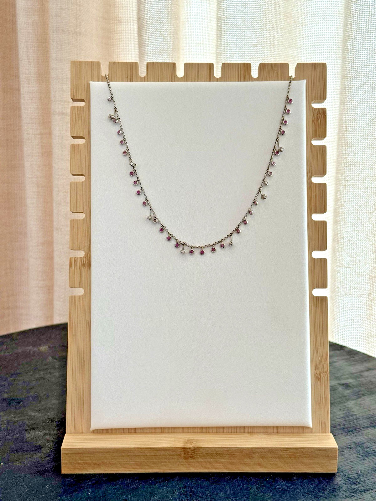 14k White Gold Pink Stone & Diamond Dangle Necklace Italy Station Necklace 16”
