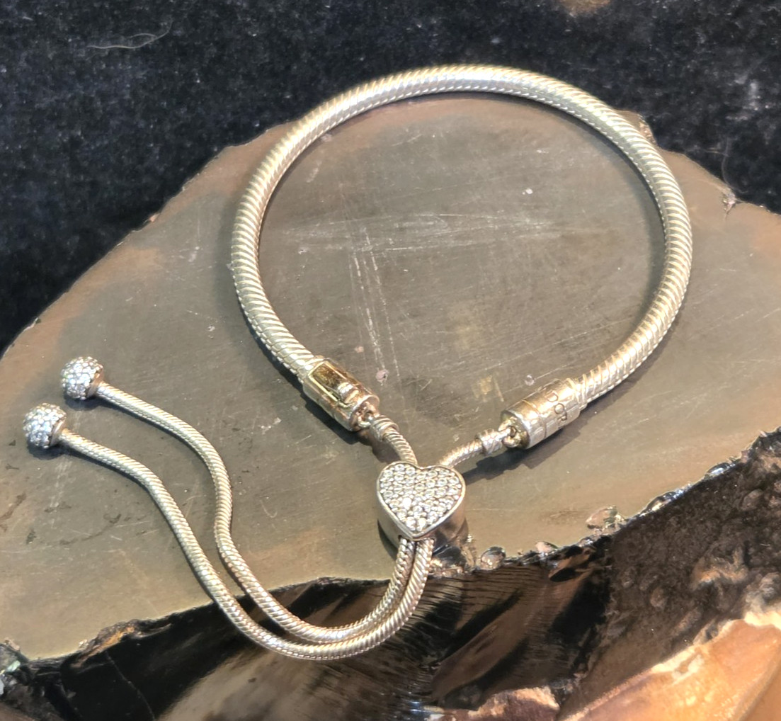Pandora Snake Chain Pave Heart Slider Clasp Charm Bracelet (RK-400)