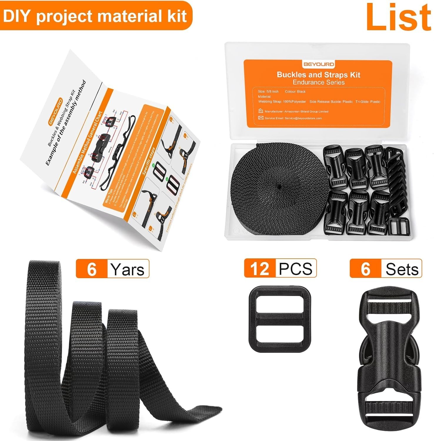 Complete 5/8″ Strap & Buckle Kit: 6 Yards Nylon, 6 Adjustable Buckles