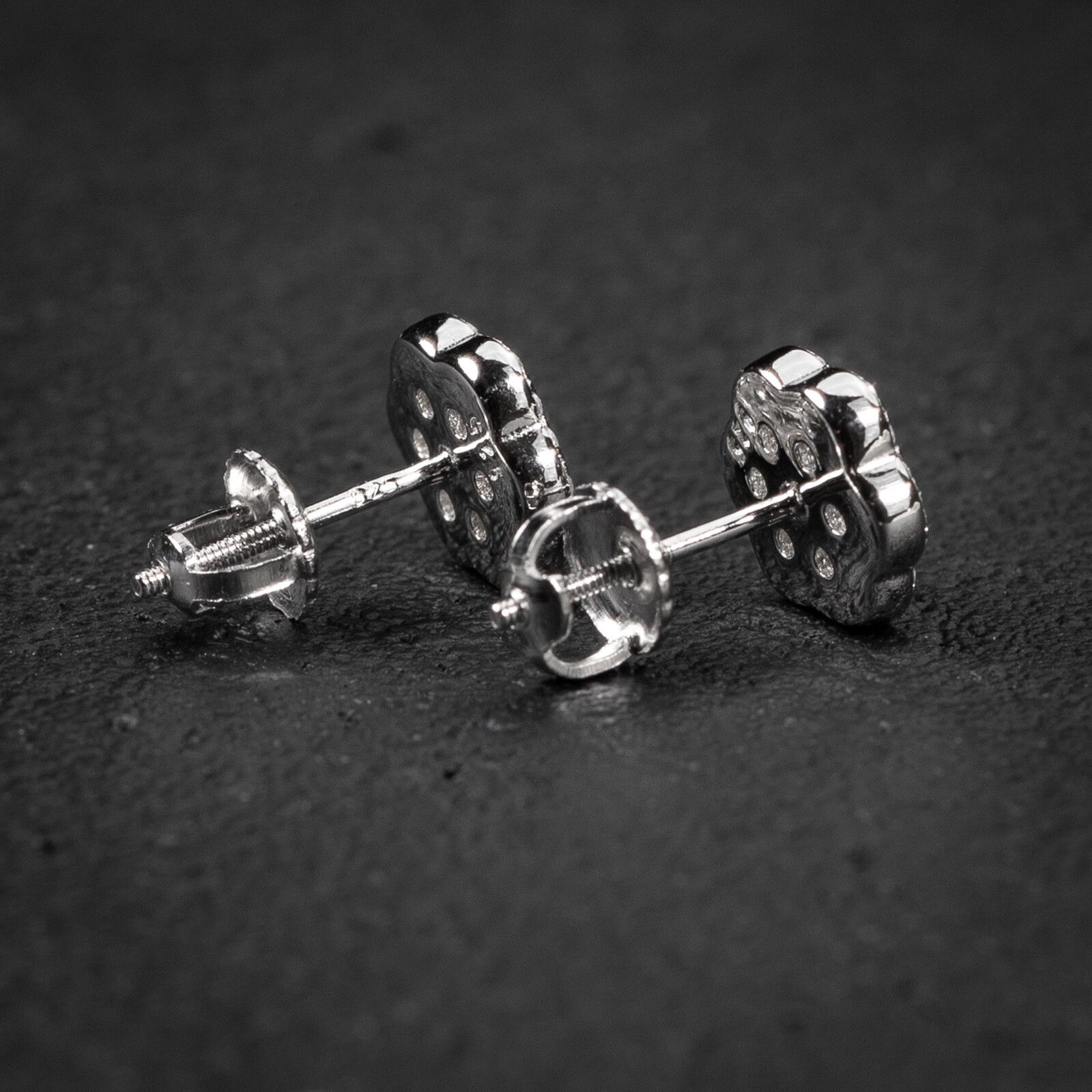 White Gold Plated Men’s Sterling Silver Iced Flower Cluster Stud Earrings