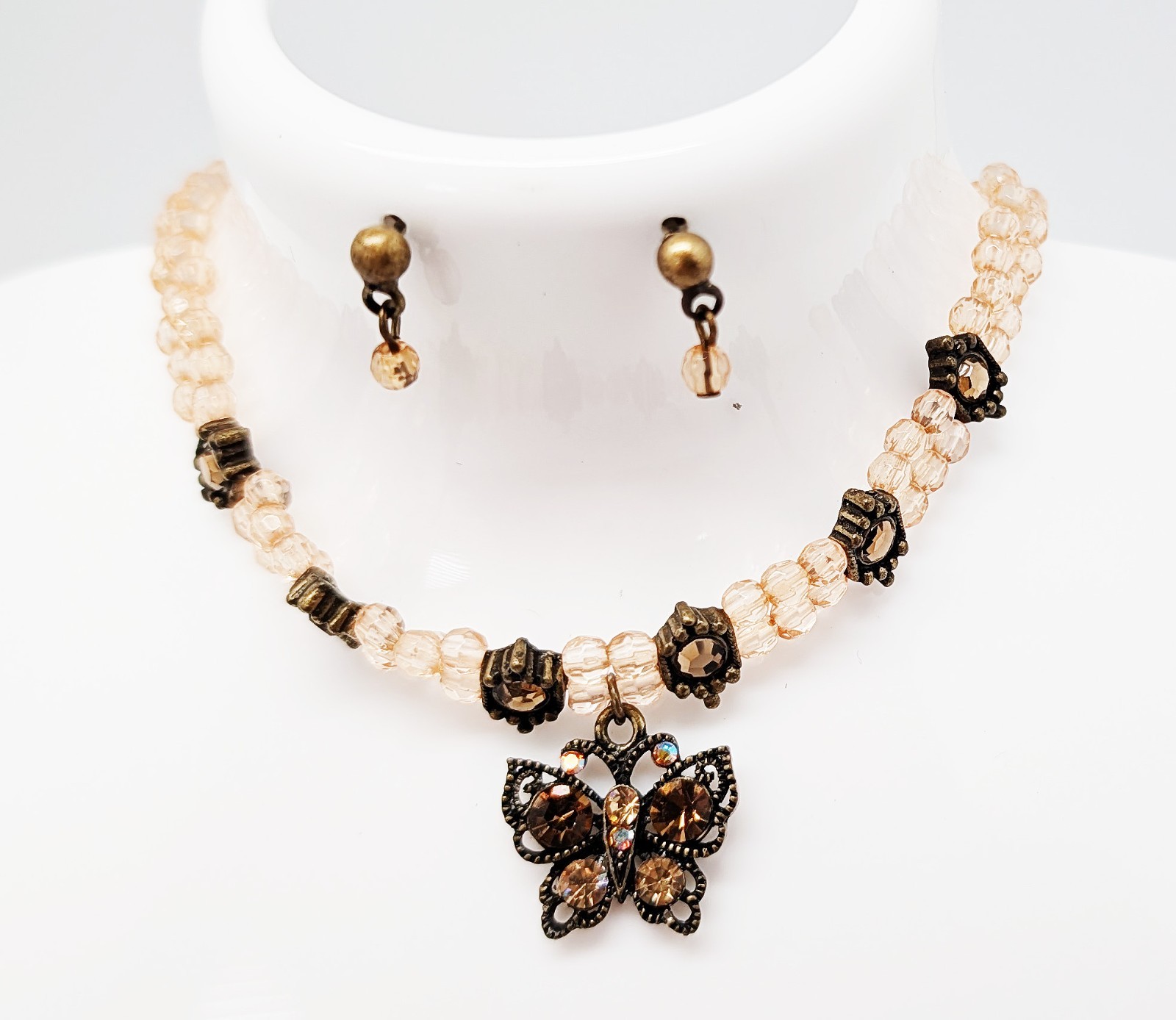 DESIGNER INSPIRED 16 in BROWN BEIGE CRYSTAL BRONZE BUTTERFLY CHOKER JEWELRY SET