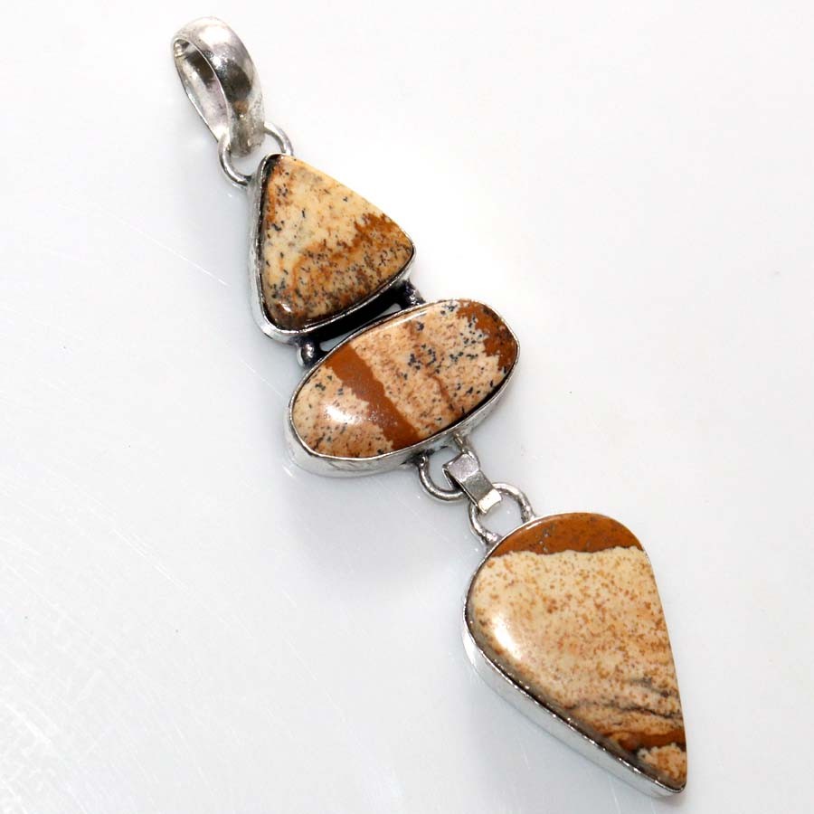 925 Silver Plated Large Picture Jasper Pendant 2.8″ New Year Jewelry Trendy MJ