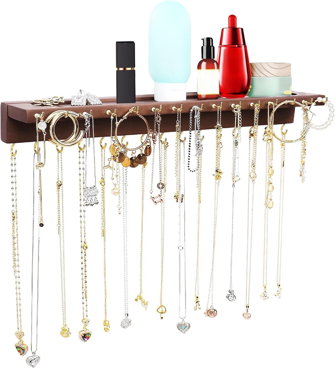 Elegant 30-Hook Necklace Organizer Wall-Mounted Jewelry Holder in Walnut