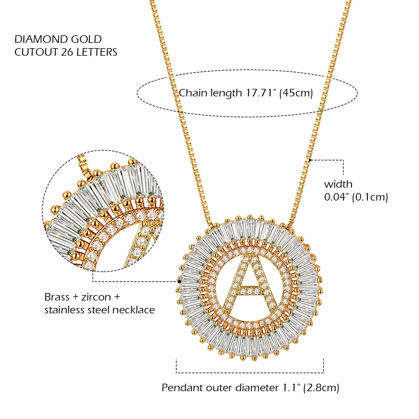Initial Letters A to Z Stainless Steel Crystal CZ Pendant Necklace Women Jewelry