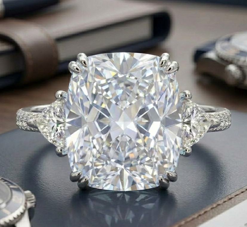 8.00 Ct Certified Cushion Cut White Natural Diamond Ring VVS1 White Gold Finish