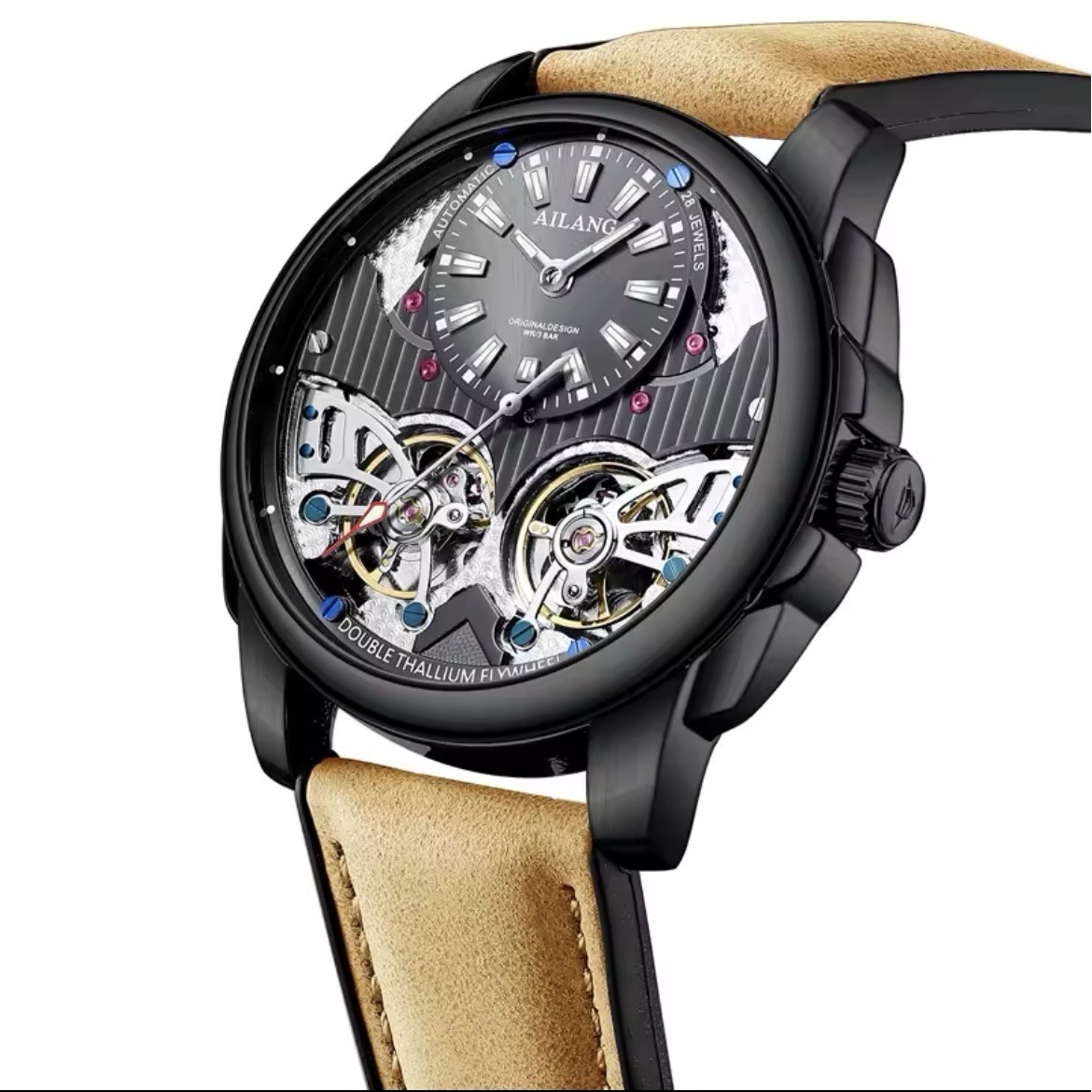 AILANG Men’s Automatic Watch Double Tourbillon Leather Strap Waterproof