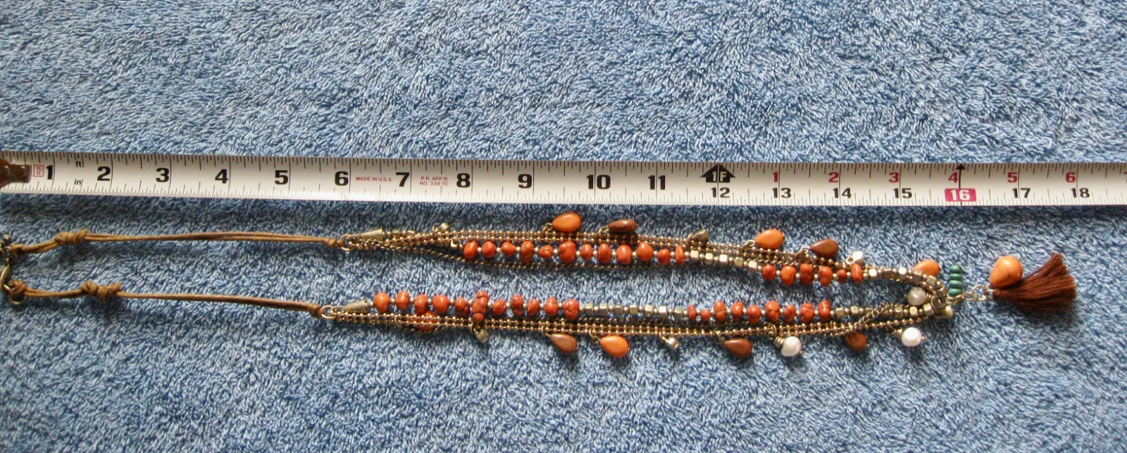 “T” Logo FLOATING 3 STRAND Orange Turquoise Beaded Necklace; Chain; Cord Lobster