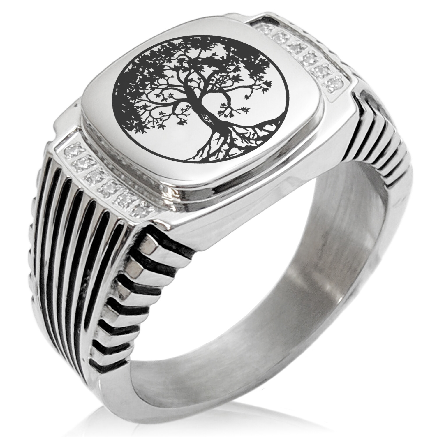 Stainless Steel Steel Tree of Life Symbol Striped CZ Biker Style Signet Ring
