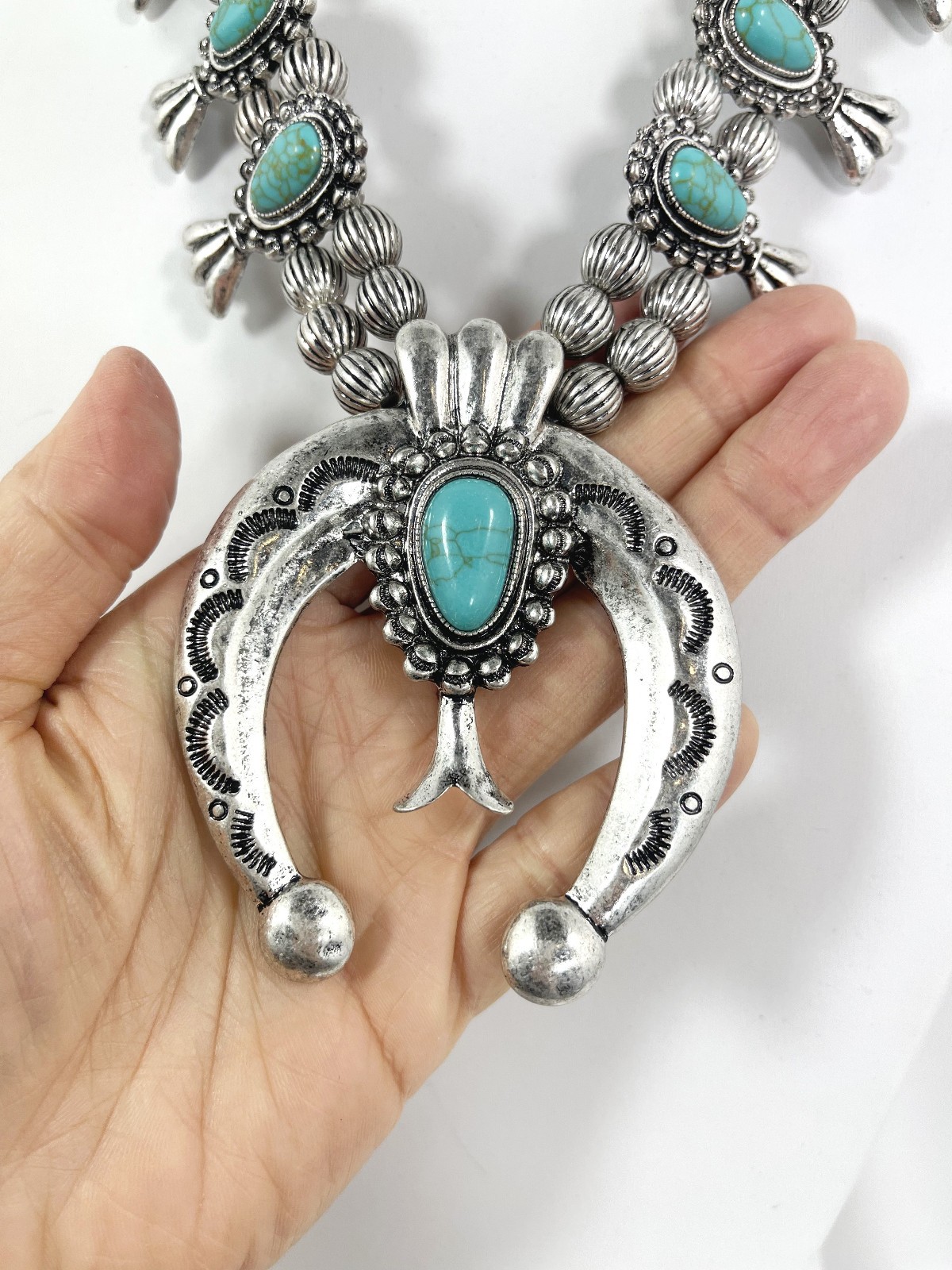 Squash Blossom Naja Pendant Necklace Earrings Set Southwestern Statement Boho
