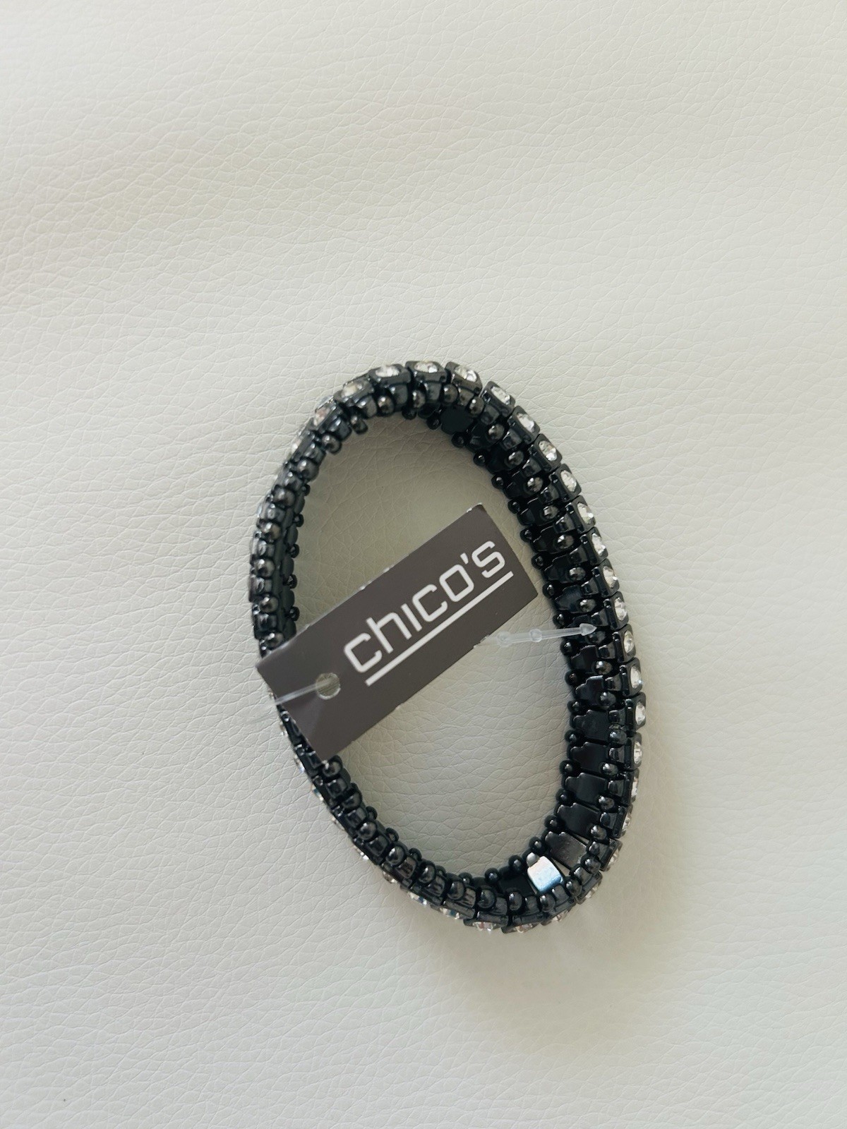 Chico’s Gunmetal Clear Rhinestone Stretch Bracelet Wide Crystal Cuff NWT