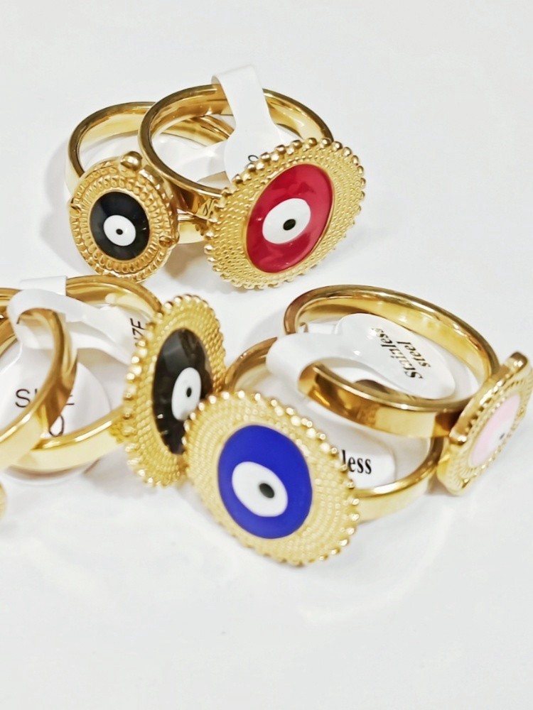 36 Pcs 4mm Evil Eye Enamel Stainless Steel Rings Oval Unisex Stackable Jewelry