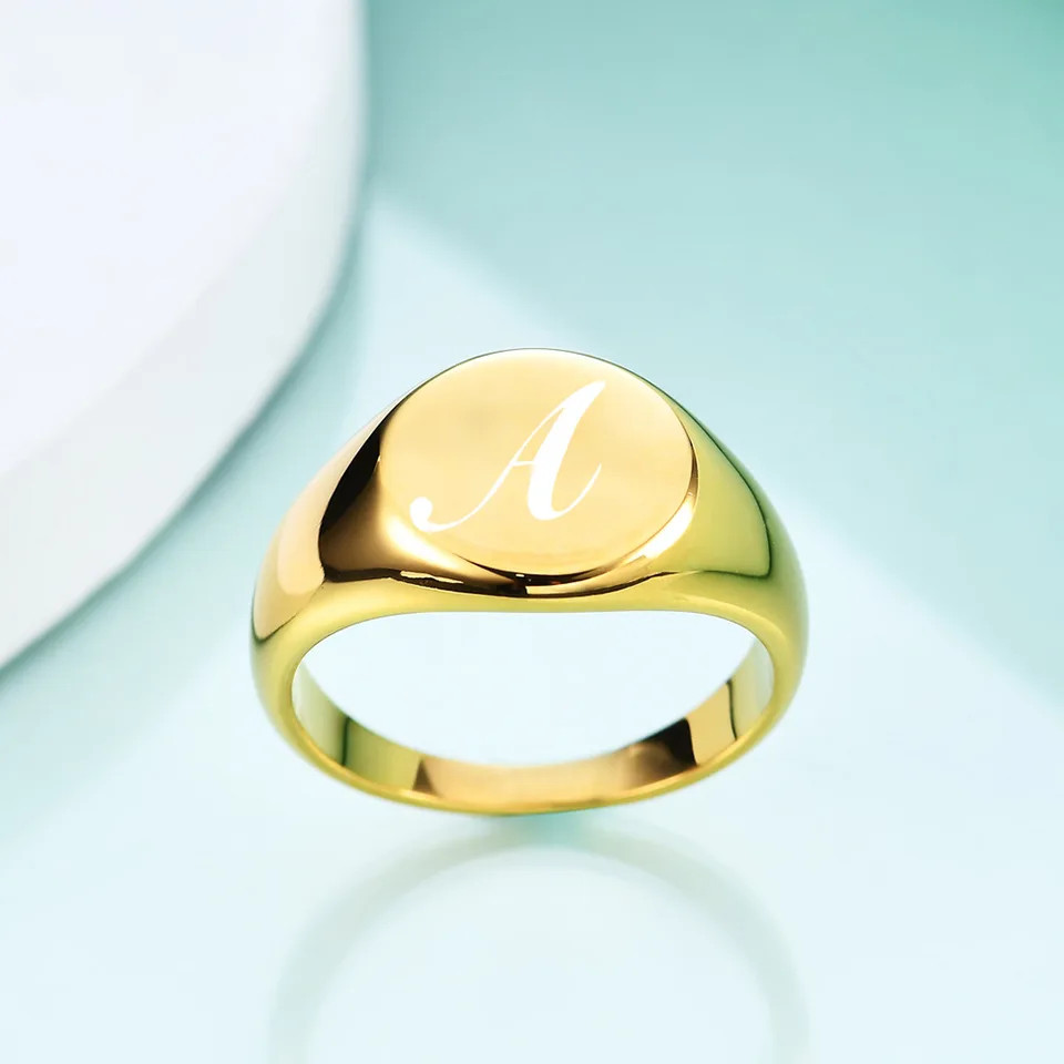 Initial Ring Gold Plated Stainless Steel Round Alphabet Signet Band Unisex