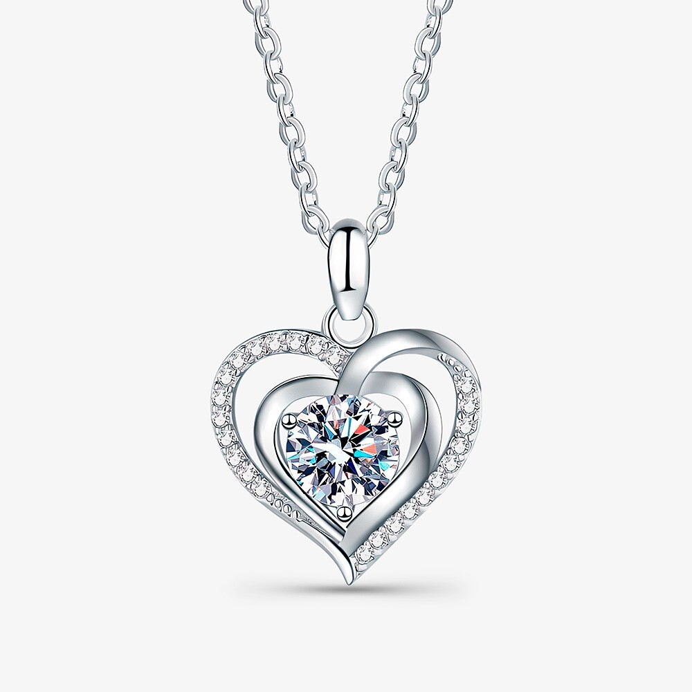 Moissanite Heart Necklace Sparkling Heart in 925 Sterling Silver, 1.0 ct