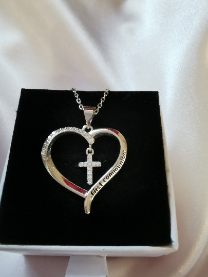 Holy Communion Diamante Heart & Cross Necklace, SALE